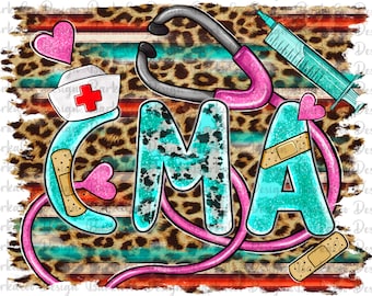 May include: A turquoise and white "CMA" design with a pink stethoscope, a red cross, and a bandage. The background is a leopard print with red and white stripes.