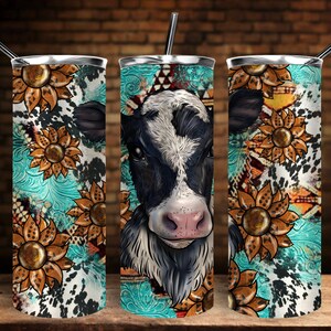 Aztec Sunflower Holstein Calf 20 oz. Skinny Tumbler PNG Sublimation Design,Ternero Skinny Tumbler,Western Tumbler Png,Cow Tumbler Png Descargas