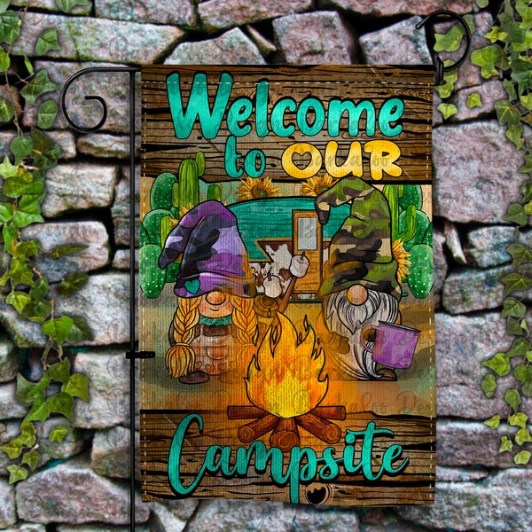 Western Welcome To Our Campsite Gnomes Garden Flag Png Sublimation, Camping Gnomes Garden Flag Png, Camp Garden Flag Png, Digital Download