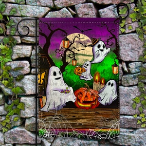 May include: A Halloween-themed garden flag with a purple and green background. Four white ghosts are holding jack-o'-lanterns and candy. The flag has a wooden plank design at the bottom.