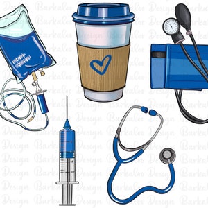 Puede incluir: Un conjunto de ilustraciones m&eacute;dicas azules que incluyen un estetoscopio, un brazalete de presi&oacute;n arterial, una jeringa, una bolsa de suero y una taza de caf&eacute; con un coraz&oacute;n.
