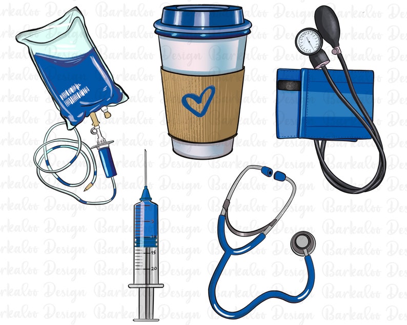 Puede incluir: Un conjunto de ilustraciones m&eacute;dicas azules que incluyen un estetoscopio, un brazalete de presi&oacute;n arterial, una jeringa, una bolsa de suero y una taza de caf&eacute; con un coraz&oacute;n.