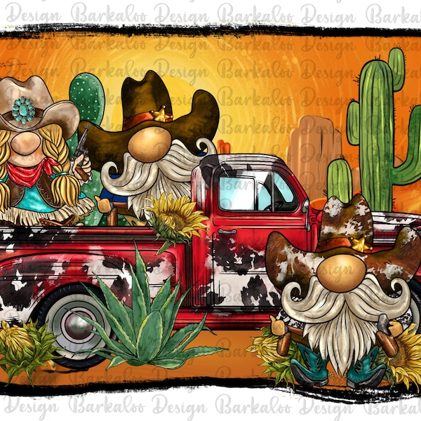 Western Cactus Gnome Truck Background Png Sublimation Design, Cowhide Gnome Truck Png, Gnome Png,Desert Gnome Truck Png, Digital Download