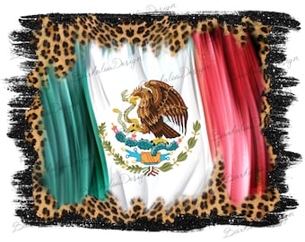 May include: A digitally painted Mexican flag design with a distressed leopard print border. The flag features green, white, and red vertical stripes, with the Mexican coat of arms in the center. The design has a textured, brushstroke effect.