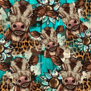 May include: A seamless pattern featuring a brown and white cow with a pink nose, a blue and brown sunflower, and a leopard print background. The pattern is set against a turquoise blue background.