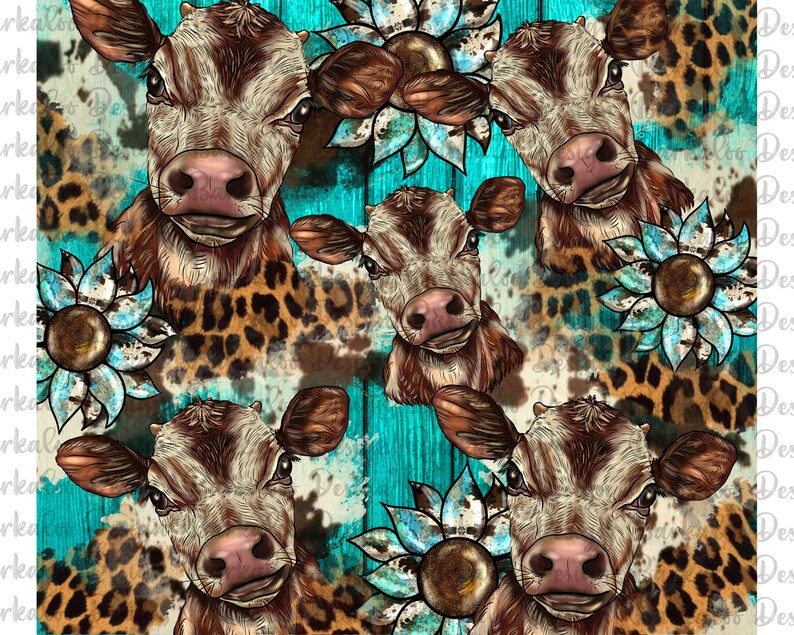 May include: A seamless pattern featuring a brown and white cow with a pink nose, a blue and brown sunflower, and a leopard print background. The pattern is set against a turquoise blue background.
