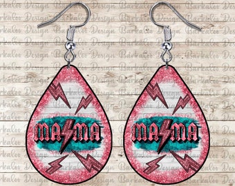 Western Mama Pink Glitter Teardrop Earrings Png Sublimation Design, Mama Lightning Bolt Teardrop Earrings Png, Mama Earrings Png Downloads