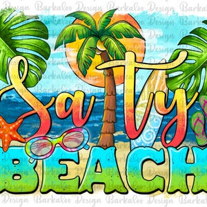 Pu&ograve; includere: Un design grafico colorato con il testo "Salty Beach" in un arcobaleno di colori. Il design presenta una palma, una tavola da surf, infradito, occhiali da sole e una stella marina. Lo sfondo &egrave; una scena da spiaggia in stile acquerello con acqua blu, sabbia bianca e un sole giallo brillante.