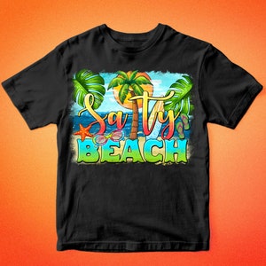 Pu&ograve; includere: Maglietta nera con un design grafico colorato che presenta una palma, occhiali da sole, infradito e il testo "Salty Beach".