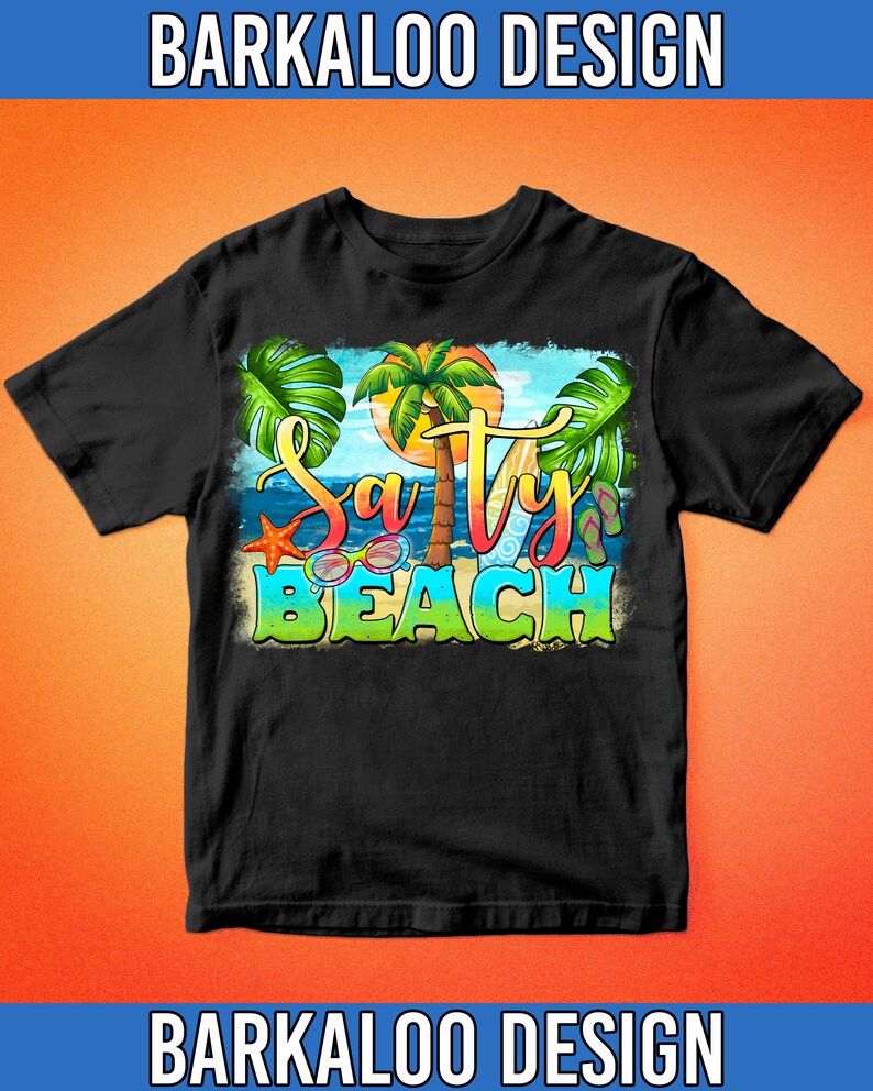 Pu&ograve; includere: Maglietta nera con un design grafico colorato che presenta una palma, occhiali da sole, infradito e il testo "Salty Beach".