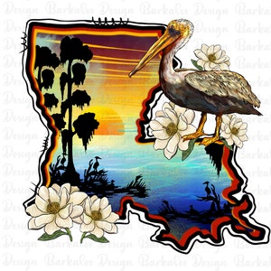Louisiana Sonnenuntergang Karte Magnolia png Sublimation Design download, Louisiana State bird png, Magnolia flower png, sublimate designs download