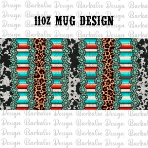 May include: A 11oz mug design featuring a repeating pattern of turquoise, white, red, and brown stripes. The stripes are decorated with turquoise gemstones and cowhide and leopard print patterns.