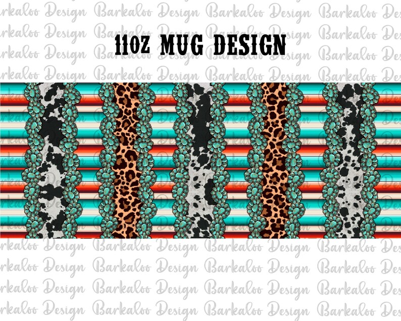 May include: A 11oz mug design featuring a repeating pattern of turquoise, white, red, and brown stripes. The stripes are decorated with turquoise gemstones and cowhide and leopard print patterns.