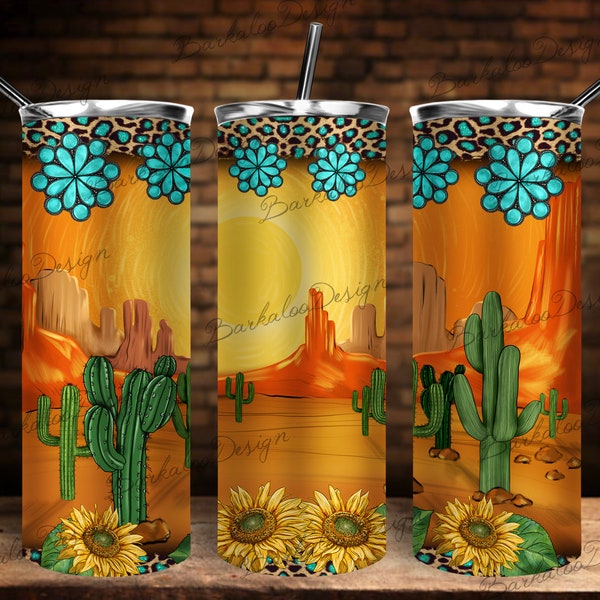 Western Sunset Cactus Tumbler Sublimation Design, 20oz Skinny Tumbler PNG, Western Skinny Tumbler, Western Gemstone Tumbler Png Downloads