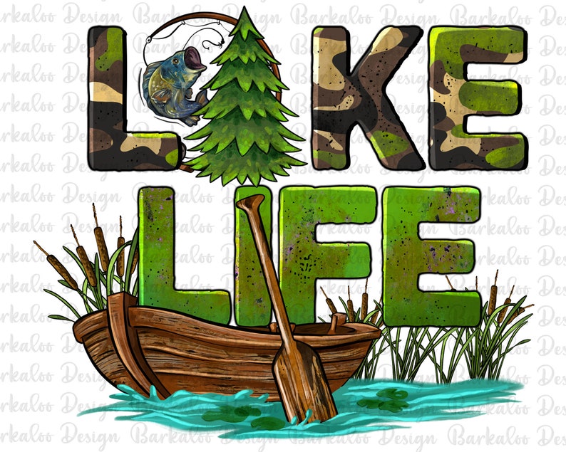 K&ouml;nnte beinhalten: Ein gr&uuml;nes und braunes Tarnmuster mit den Worten "LAKE LIFE" in einer gr&uuml;n-braunen, moosigen Schrift. Das Bild zeigt au&szlig;erdem eine gr&uuml;ne Kiefer, eine Angelrute mit einem Fisch, ein Holzboot mit Rudern und gr&uuml;ne Schilfpflanzen.