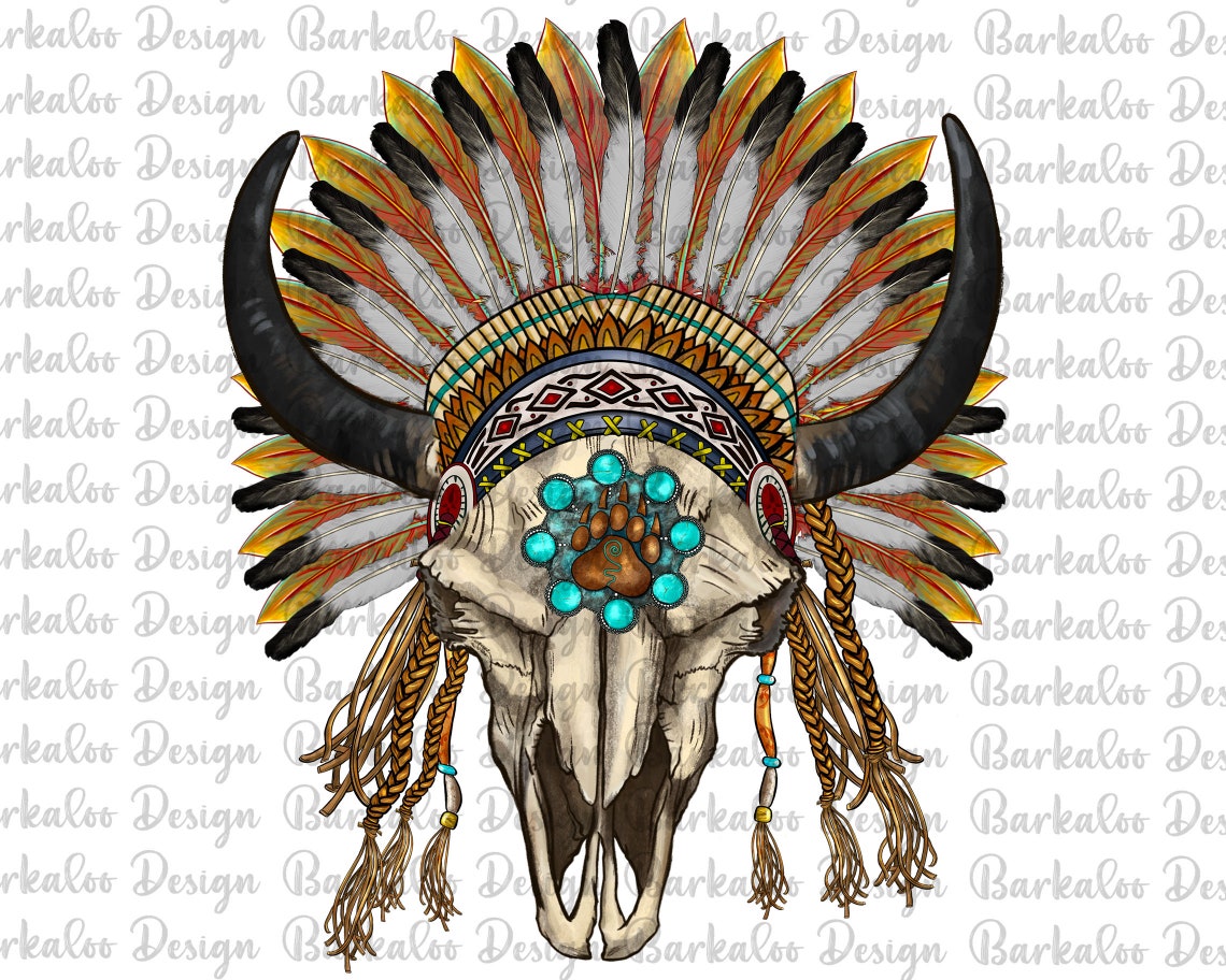 Bull Skull With Gemstone and Native American Headdress Png Etsy