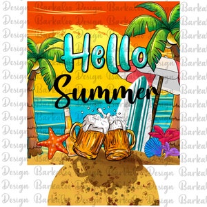 May include: A colorful summer-themed design featuring a sunset, palm trees, a surfboard, and two mugs of beer. The text "Hello Summer" is written in a bold, stylized font.