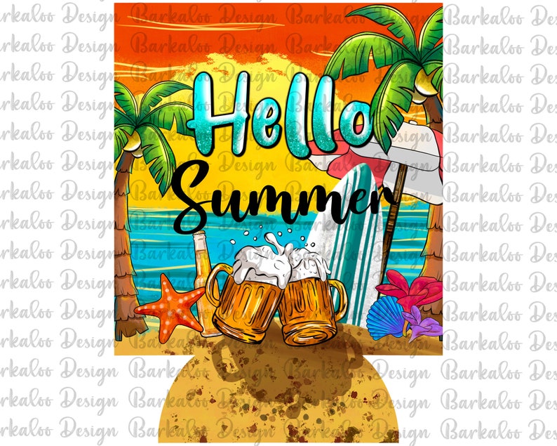 May include: A colorful summer-themed design featuring a sunset, palm trees, a surfboard, and two mugs of beer. The text "Hello Summer" is written in a bold, stylized font.