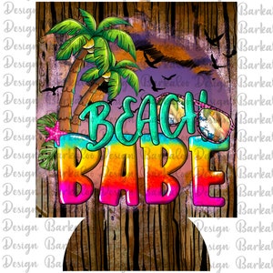 May include: A colorful graphic design with the text "BEACH BABE" in rainbow colors. The design features palm trees, sunglasses, and a starfish. The background is a wooden texture with a faded purple and orange gradient.