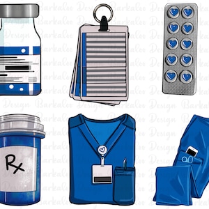 Puede incluir: Un conjunto de seis ilustraciones azules y blancas de suministros m&eacute;dicos y ropa. Las ilustraciones incluyen un vial, un frasco de pastillas, una camiseta de cirujano, pantalones de cirujano y una etiqueta de nombre. Las ilustraciones son perfectas para usar en scrapbooking, creaci&oacute;n de tarjetas u otros proyectos de manualidades.