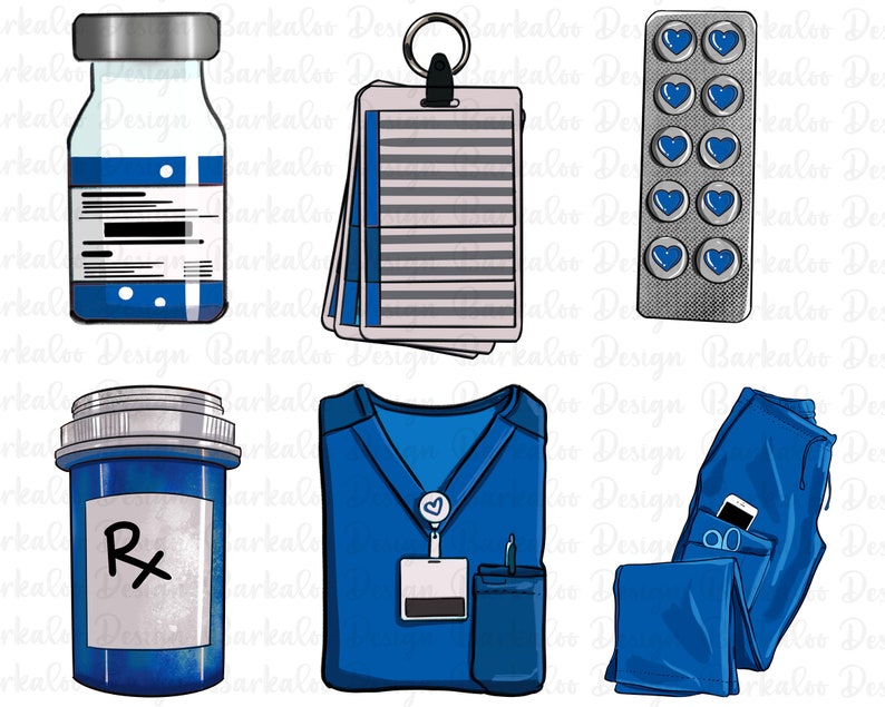 Puede incluir: Un conjunto de seis ilustraciones azules y blancas de suministros m&eacute;dicos y ropa. Las ilustraciones incluyen un vial, un frasco de pastillas, una camiseta de cirujano, pantalones de cirujano y una etiqueta de nombre. Las ilustraciones son perfectas para usar en scrapbooking, creaci&oacute;n de tarjetas u otros proyectos de manualidades.