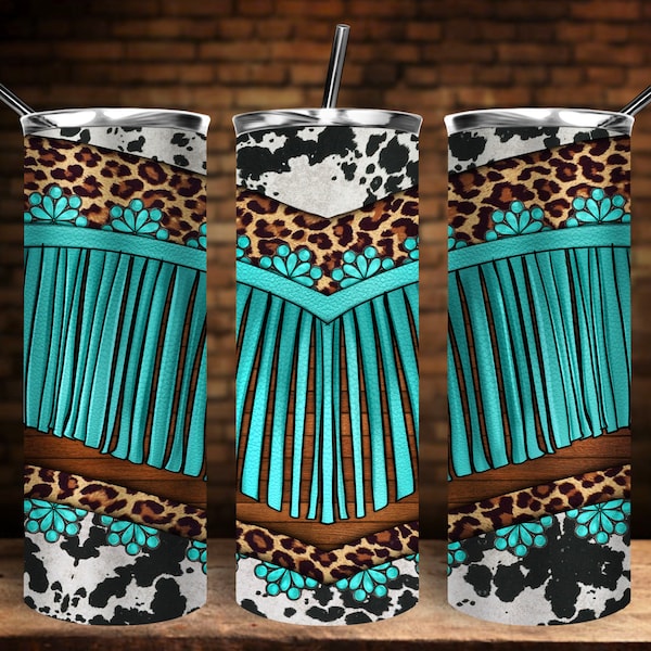 Cowhide Leopard Turquoise Fringe Western Tumbler 20 oz. Skinny Tumbler PNG Sublimation Design, Western Skinny Tumbler, PNG Digital Download