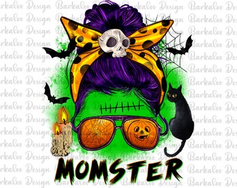 Momster Messy Bun Png Sublimation Design,Halloween Mama Messy Bun Png ,Halloween Frankenstein Messy Bun,Momster Messy Bun Hair PNG Downloads