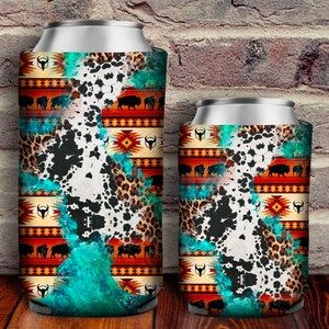 Aztec Turquoise Cowhide And Leopard Can Cooler Sublimation Design, Western Can Holder, 12 oz. Can Cooler Template, Can Cooler PNG Downloads
