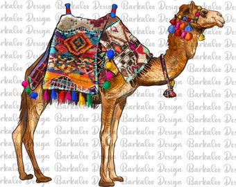 カラフルな鞍を持つラクダ PNG 昇華デザイン、ラクダの肖像画 PNG
