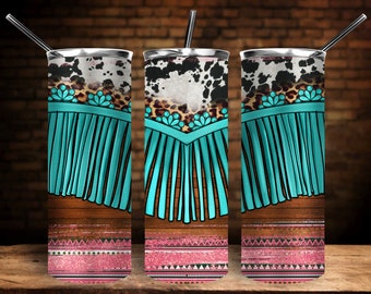 Aztec Cowhide Leopard Turquoise Fringe Western Tumbler 20 oz. Skinny Tumbler PNG Sublimation Design, Western Skinny Tumbler, Téléchargement numérique