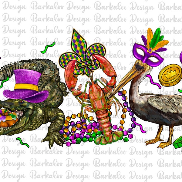 Mardi Gras alligator pelican crawfish sublimation design download, Mardi Gras png, Louisiana png,Fleur de Lis Png,sublimate designs download