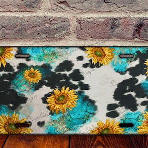 Turquoise Cowhide Sunflower License Plate Sublimation Design, Western License Plate,License Plate Sublimation Template,License Plate Designs
