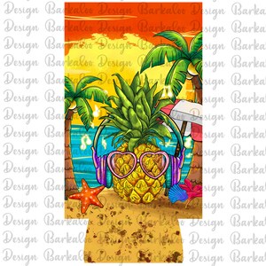May include: A yellow pineapple with sunglasses and headphones on a beach scene with palm trees and a sunset. The pineapple is on a brown background with a white border.