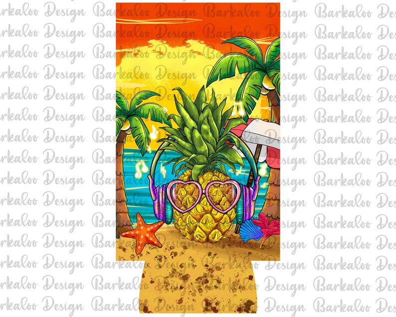 May include: A yellow pineapple with sunglasses and headphones on a beach scene with palm trees and a sunset. The pineapple is on a brown background with a white border.