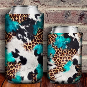 Cowhide Leopard Turquoise Can Cooler PNG Sublimation Design, Western Can Holder, 12 oz. Can Cooler Template,Can Cooler PNG,Digital Downloads