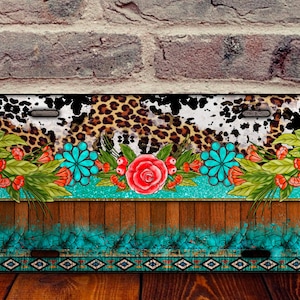 Western Floral Cowhide Leopard License Plate Sublimation Design, License Plate, License Plate Sublimation Template,License Plate Png Designs