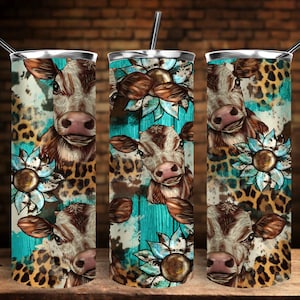 May include: Three stainless steel tumblers with a turquoise, brown, and leopard print design. Each tumbler features a cow with brown and white markings and a sunflower with brown and gold accents.