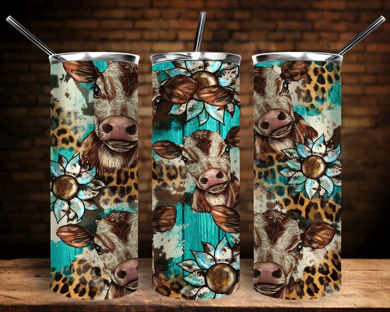 May include: Three stainless steel tumblers with a turquoise, brown, and leopard print design. Each tumbler features a cow with brown and white markings and a sunflower with brown and gold accents.