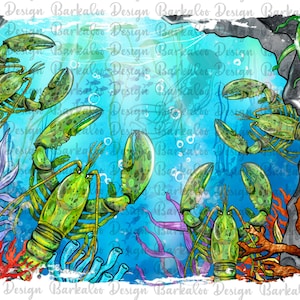 Puede incluir: Una ilustración digital de langostas verdes en una escena submarina azul con coral, algas y burbujas. Las langostas están dibujadas en un estilo de dibujos animados con un efecto texturizado, acuarela.