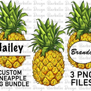 May include: Three digital illustrations of pineapples with green tops and yellow fruit. The pineapples have names written on them: Hailey, Brandon, and a third pineapple with no name. The text "CUSTOM PINEAPPLE PNG BUNDLE" and "3 PNG FILES" are also included in the image.