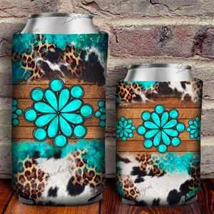 Cowhide Leopard Turquoise Gemstone Can Cooler PNG Sublimation Design,Western Can Holder, 12 oz. Can Cooler Template,Can Cooler PNG Downloads