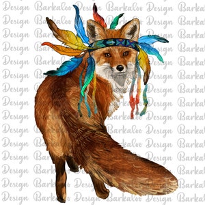 Fox With Feathers Png Sublimation Design, Hand Drawn Fox Png, Fox Portrait Png, Fox Clipart, Fox With Indian Hat Png, Digital Download