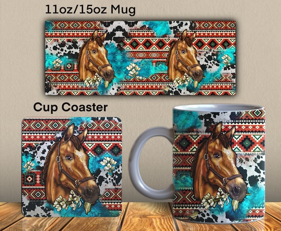 Horse Coaster Png, Western Cup Coaster, Horse Mug Png, Western Mug Png, Cowhide Mug Png, Aztec Horse Sublimation Design Downloads