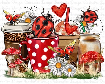 Lady bug coffee cups png sublimation design download, coffee love png, lady bug png, animal png, sublimate designs download