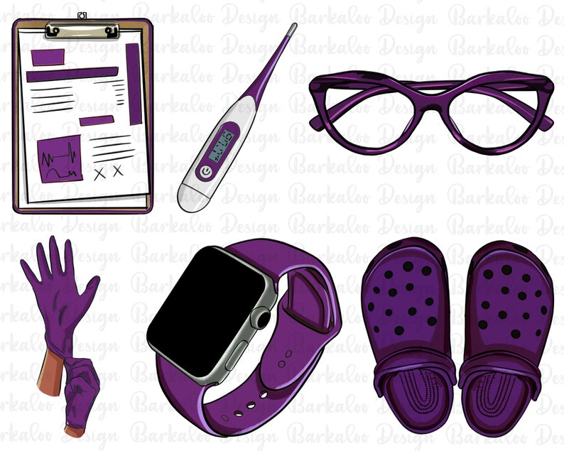May include: A set of purple themed accessories including a digital thermometer, a pair of glasses, a smartwatch, a pair of gloves, and a pair of clogs.