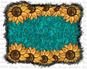 Sunflower Turquoise Tooled Leather Background PNG Sublimation Design, Western Background Png, Sunflower Background, Digital Download