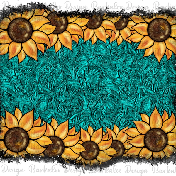 Sunflower Turquoise Tooled Leather Background PNG Sublimation Design, Western Background Png, Sunflower Background, Digital Download