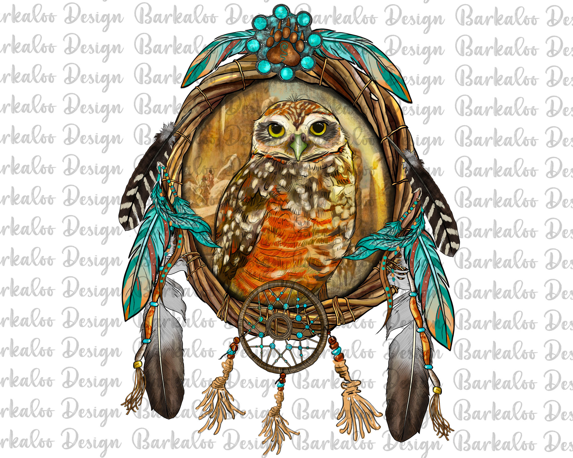 Western Burrowing Owl Dream Catcher With Gemstone Png Sublimation Design, Owl Indian Dream Catcher P