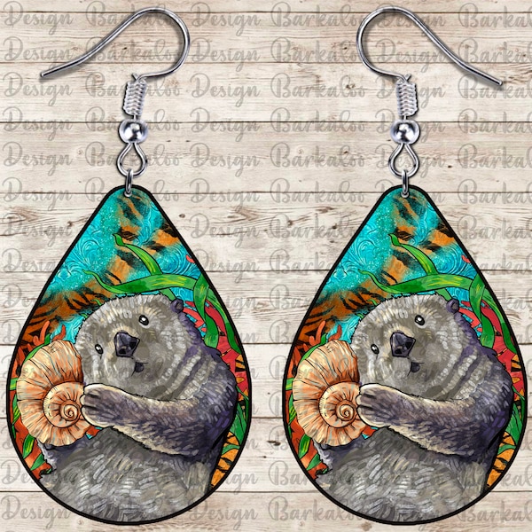 California Sea Otter Teardrop Earrings Png Sublimation Design, Western Sea Otter With Clam Teardrop Earrings Png, Digital Download