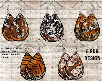 Western Hand Drawn Animal Patterns Teardrop Earrings PNG Design Bundle, Animal Print Teardrop Earrings Png, Animal Patter Teardrop Earrings